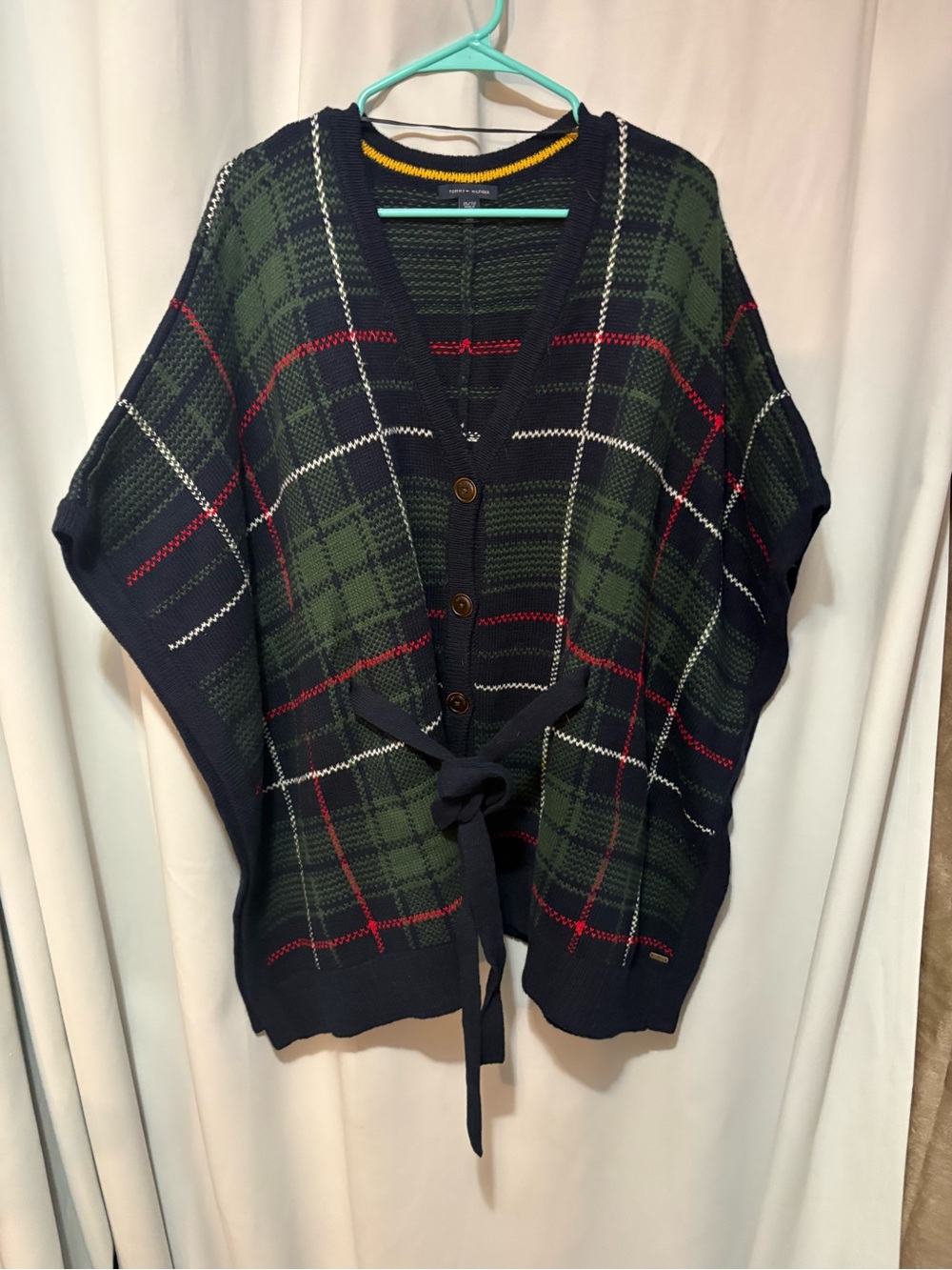 Tommy Hilfiger Navy, Green & Red Plaid Tie-Front Cardigan